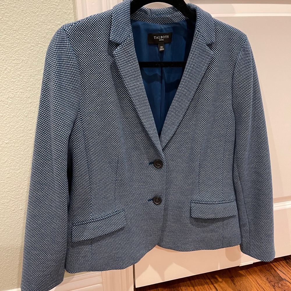 Talbots blue and white knit blazer.